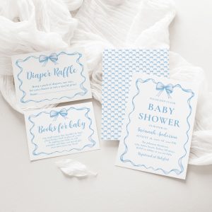 Dusty blue bow baby shower invitation