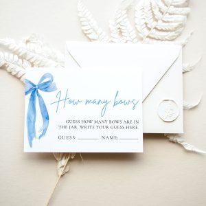 Blue bow baby shower game card